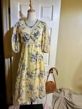 Simple Retro Wms Floral Puff Sleeve Cutout Pleated Boho Cottagecore Midi Dress S